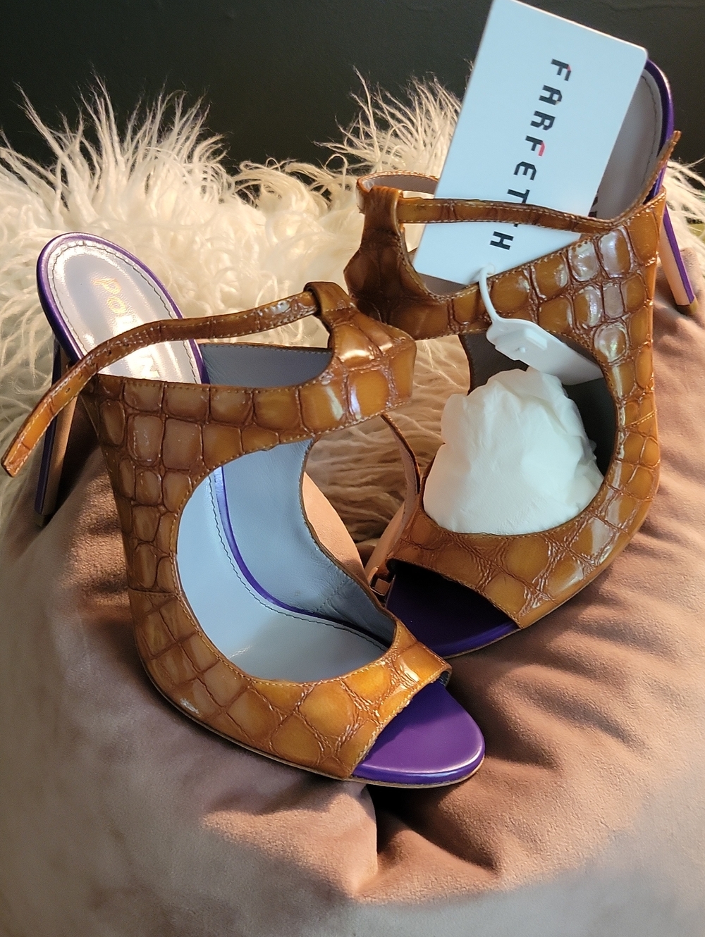Women’s Cognac Croc-Embossed Open-Toe Heels with Purple Insole